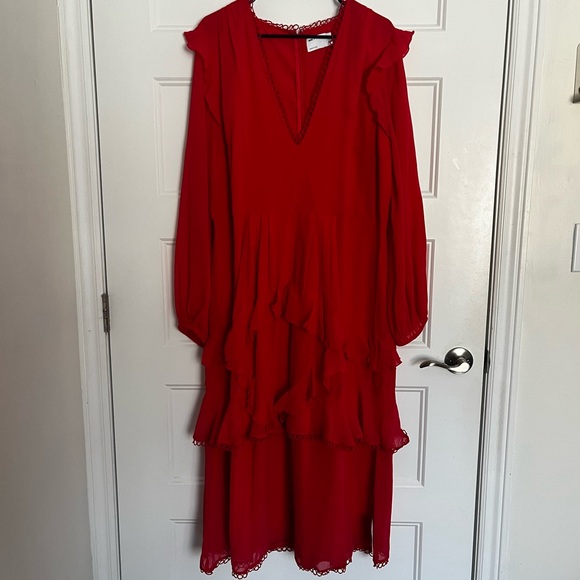 ASOS Elegant Tiered Ruffled Red Midi Dress - Picture 2 of 5